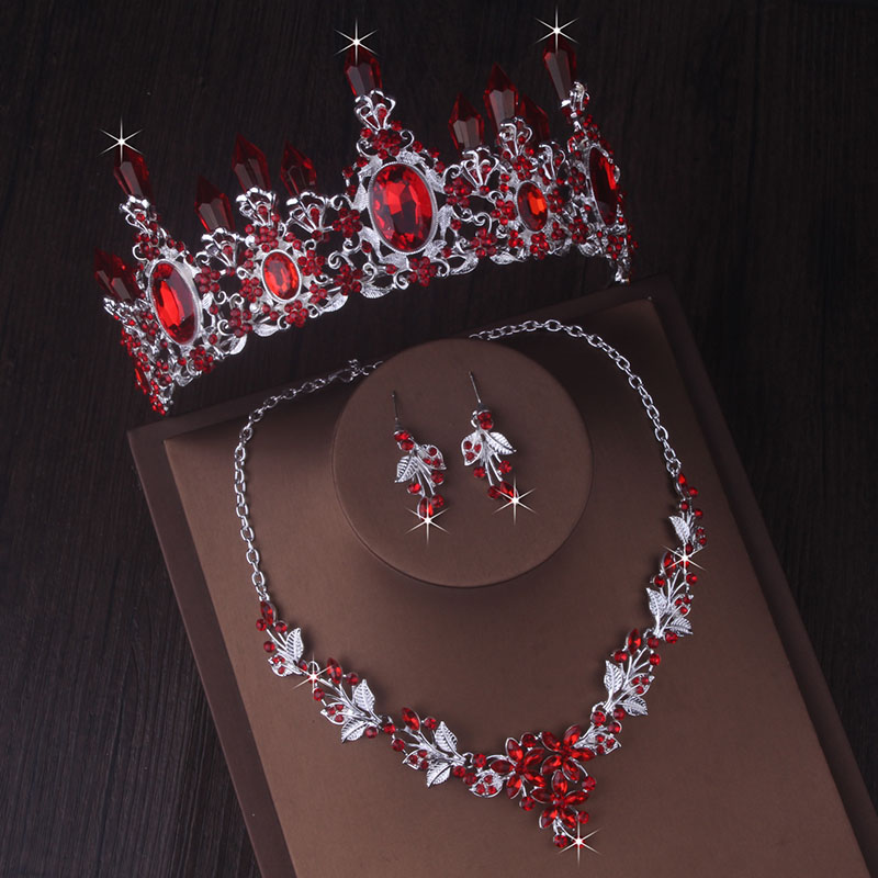 红色水晶柱皇冠项链耳环