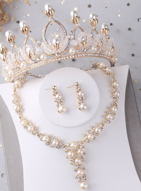 新娘手工浅金色水钻生日项链耳环