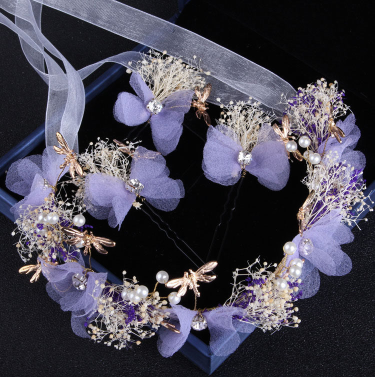原创 纯手工蜻蜓永生花紫色头饰发带 diy手工发饰 婚纱头饰包邮
