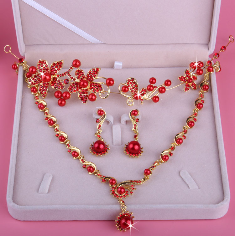 新娘结婚红色头饰项链耳环包邮