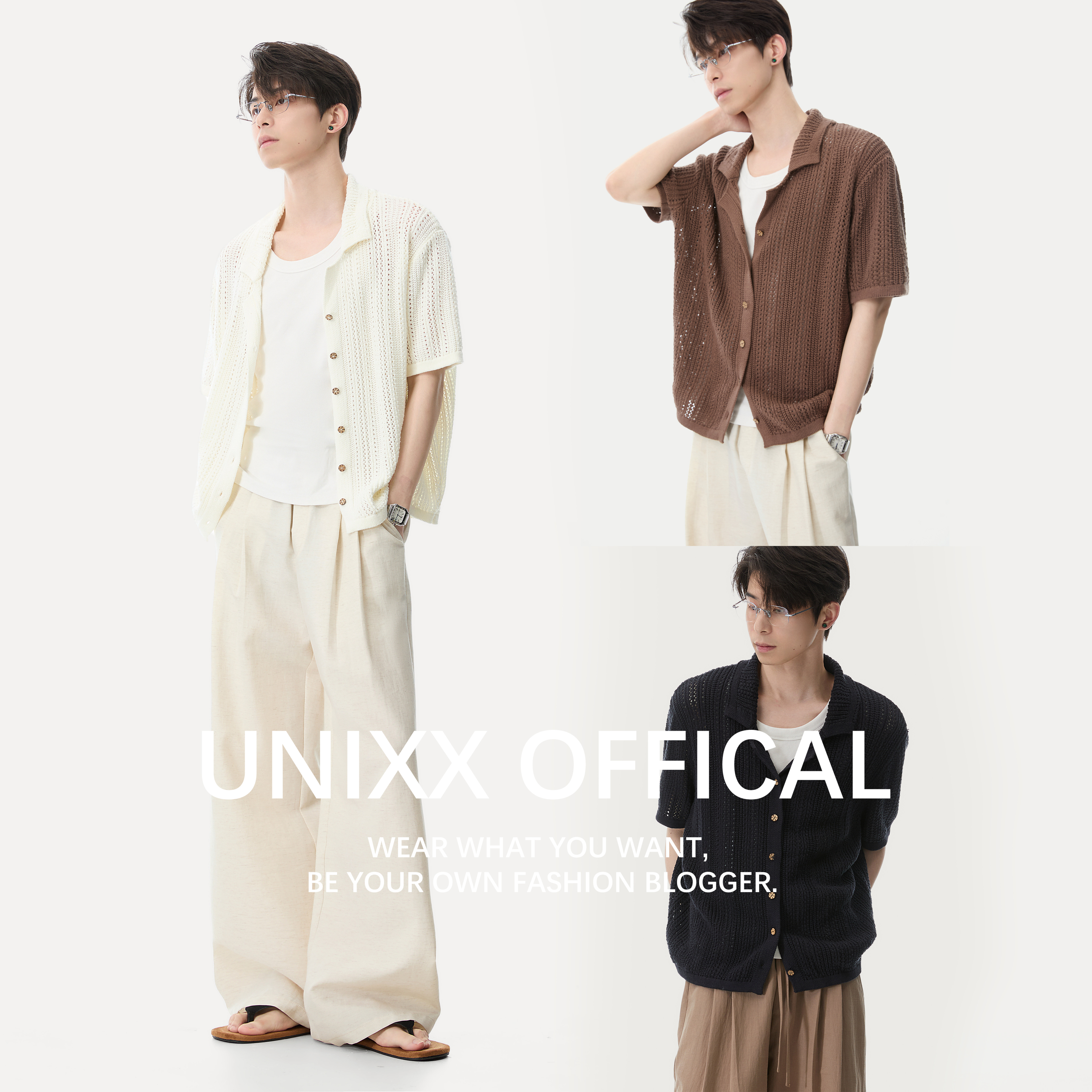 Unixx夏季老钱风镂空针织古巴领软糯新贵海岛度假风透气正肩开衫