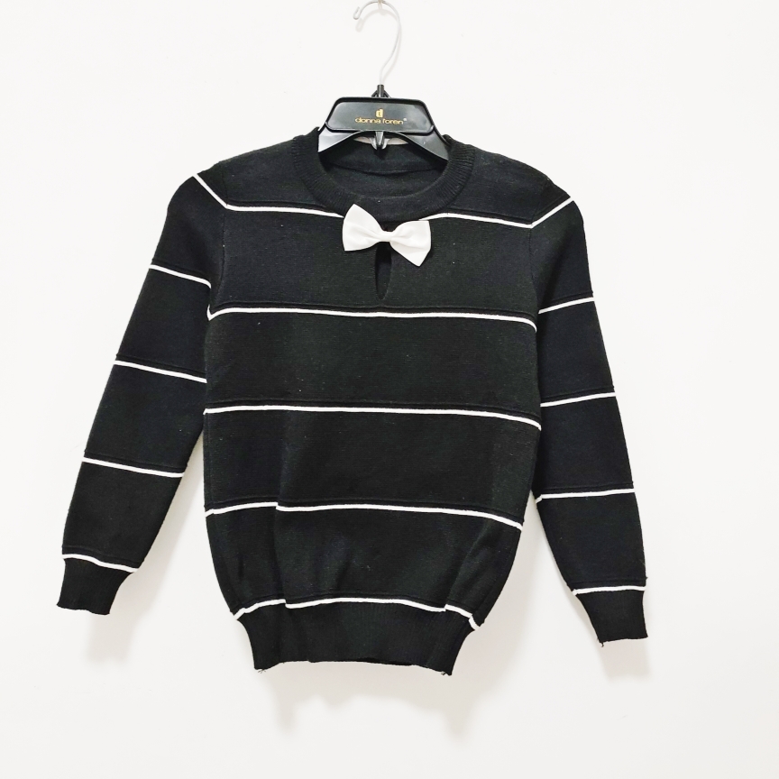 3291黑色针织衫女镂空蝴蝶结小码