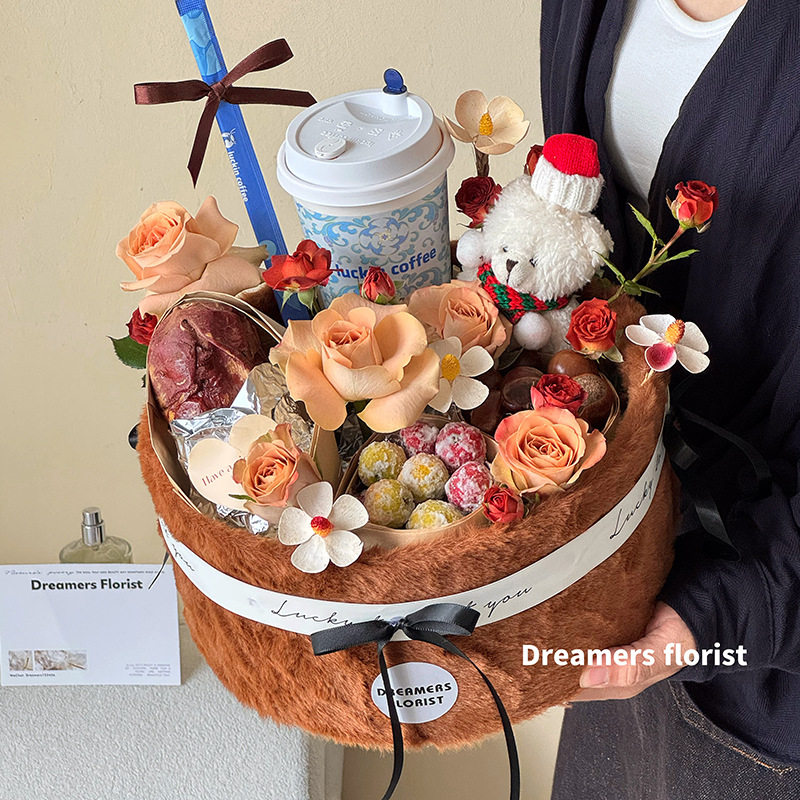 秋冬季四件套礼盒创意毛绒插花礼物圆盒浪漫暖冬花束鲜花包装盒