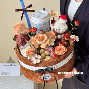 秋冬季四件套礼盒创意毛绒插花礼物圆盒浪漫暖冬花束鲜花包装盒