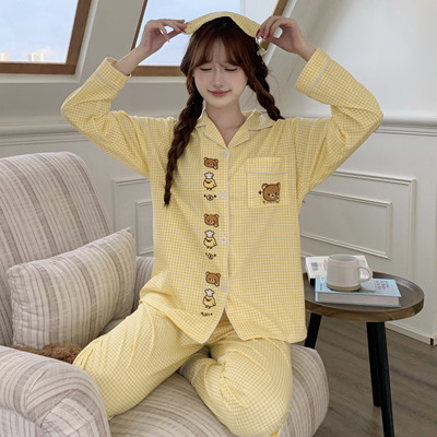 纯棉格子轻松熊可爱睡衣女春秋季