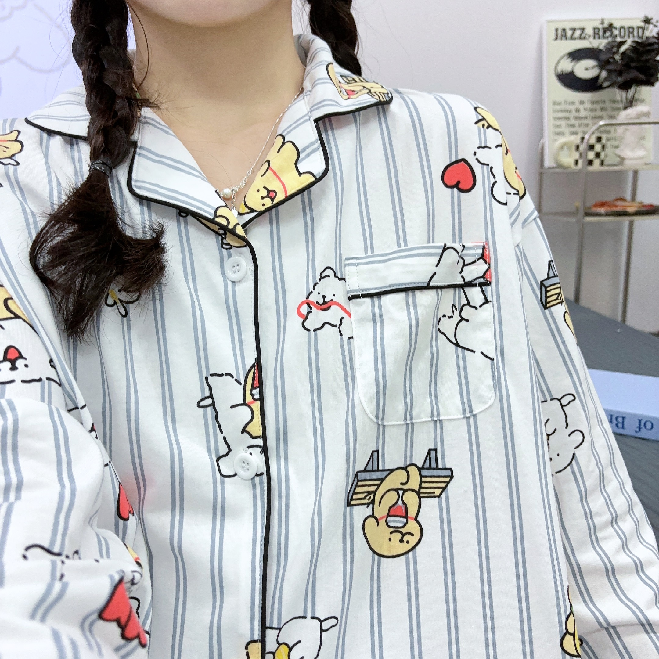 100%纯棉情侣线条小狗睡衣春季