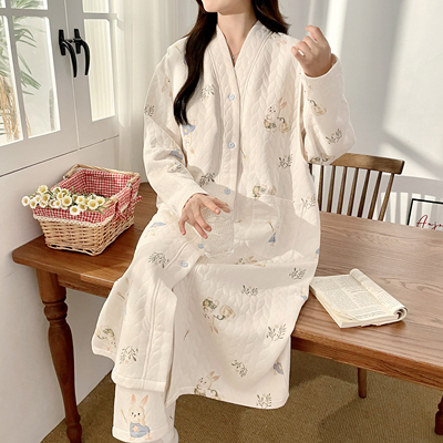 月子服带胸垫可爱兔子睡裙秋冬季