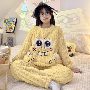 海绵宝宝卡通珊瑚绒睡衣女秋冬季加厚加绒保暖圆领学生外穿家居服