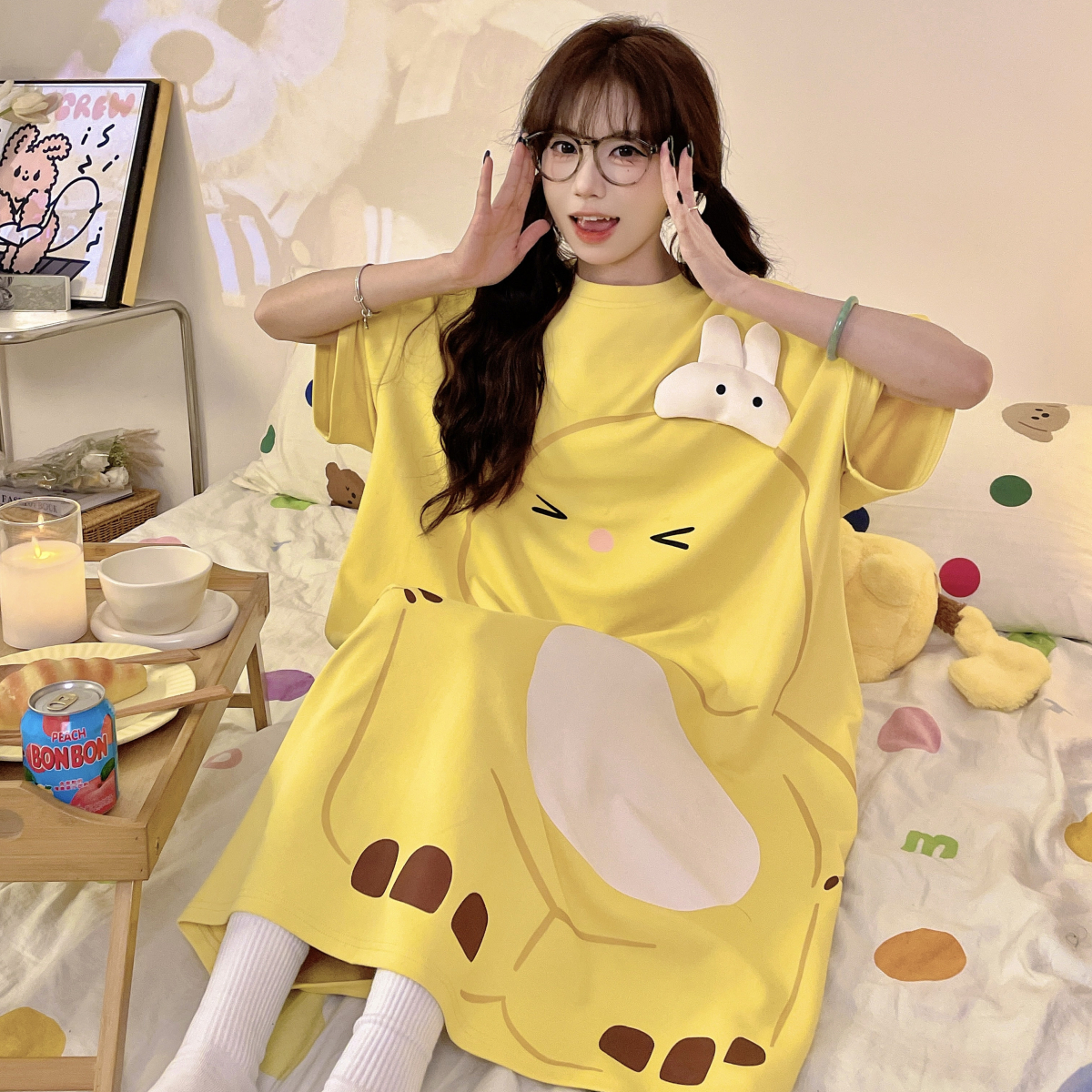 纯棉可爱奶龙夏季大码宽松睡裙女