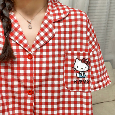 日系甜美格子Kitty猫纯棉睡衣女