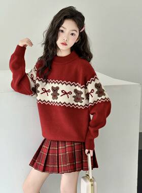 女童毛衣韩国绒【不起球新年】亲子款红色新款套头拜年百搭中大童