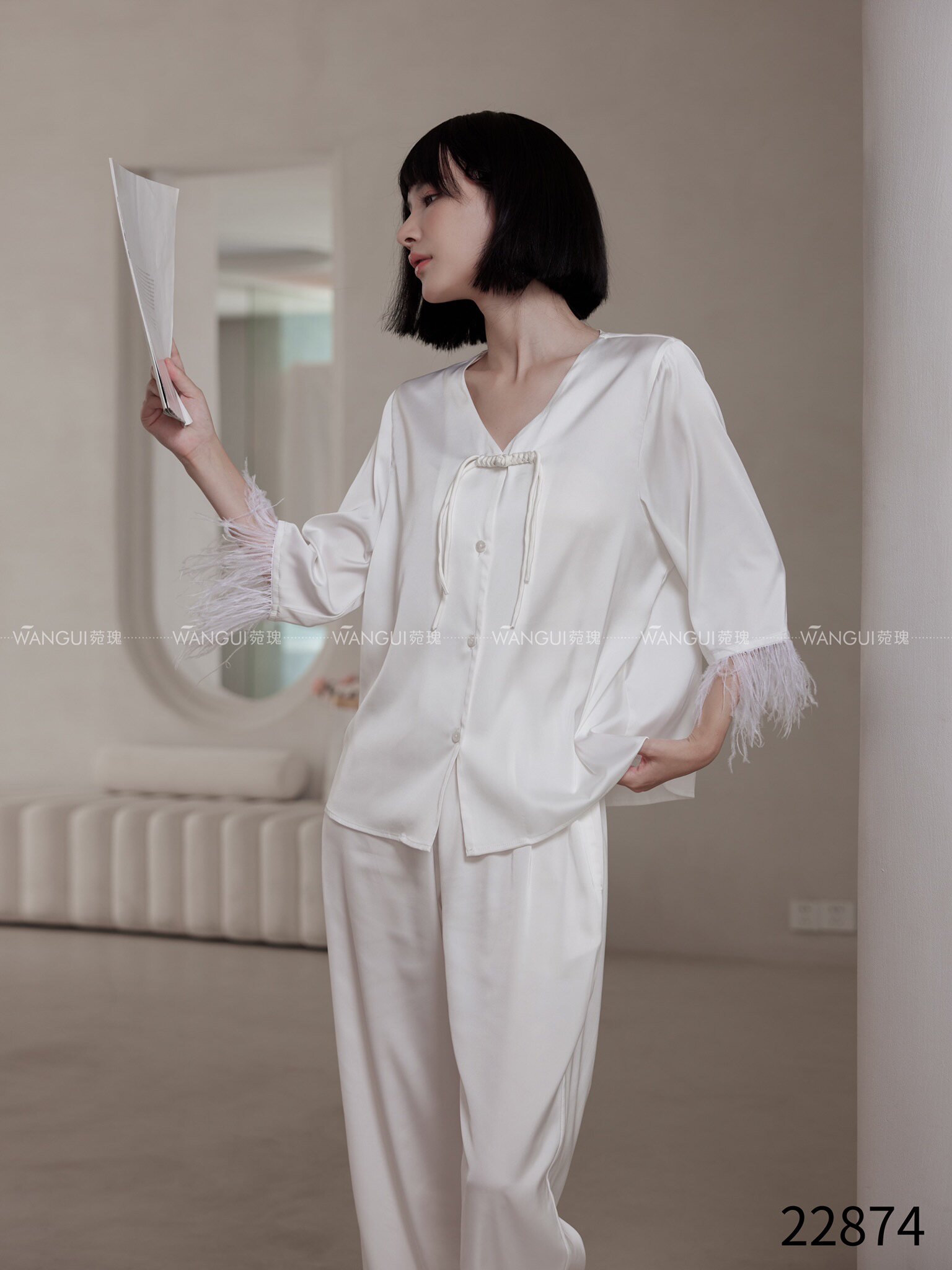 睡衣女仿真丝冰雪丝丝绸驼鸟羽毛衬衫短袖套装性感高级家居服