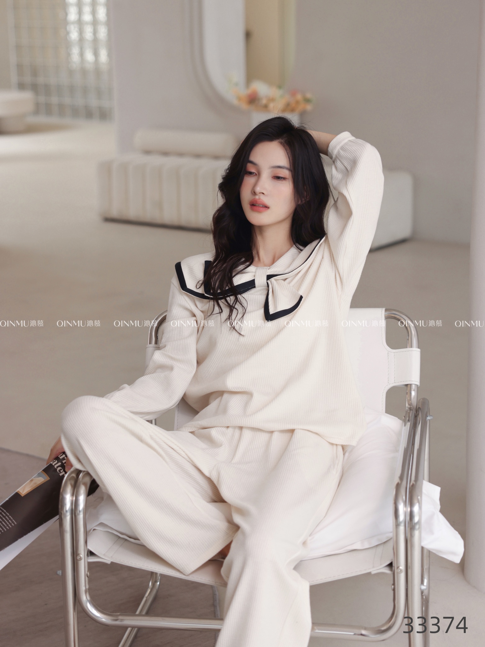 春秋季女纯棉华夫格韩版睡衣套装