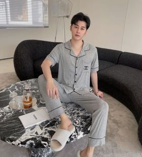 睡衣家居服夏季 断码 休闲可外穿套装 特价 开衫 韩国棉短袖 清男士 长裤