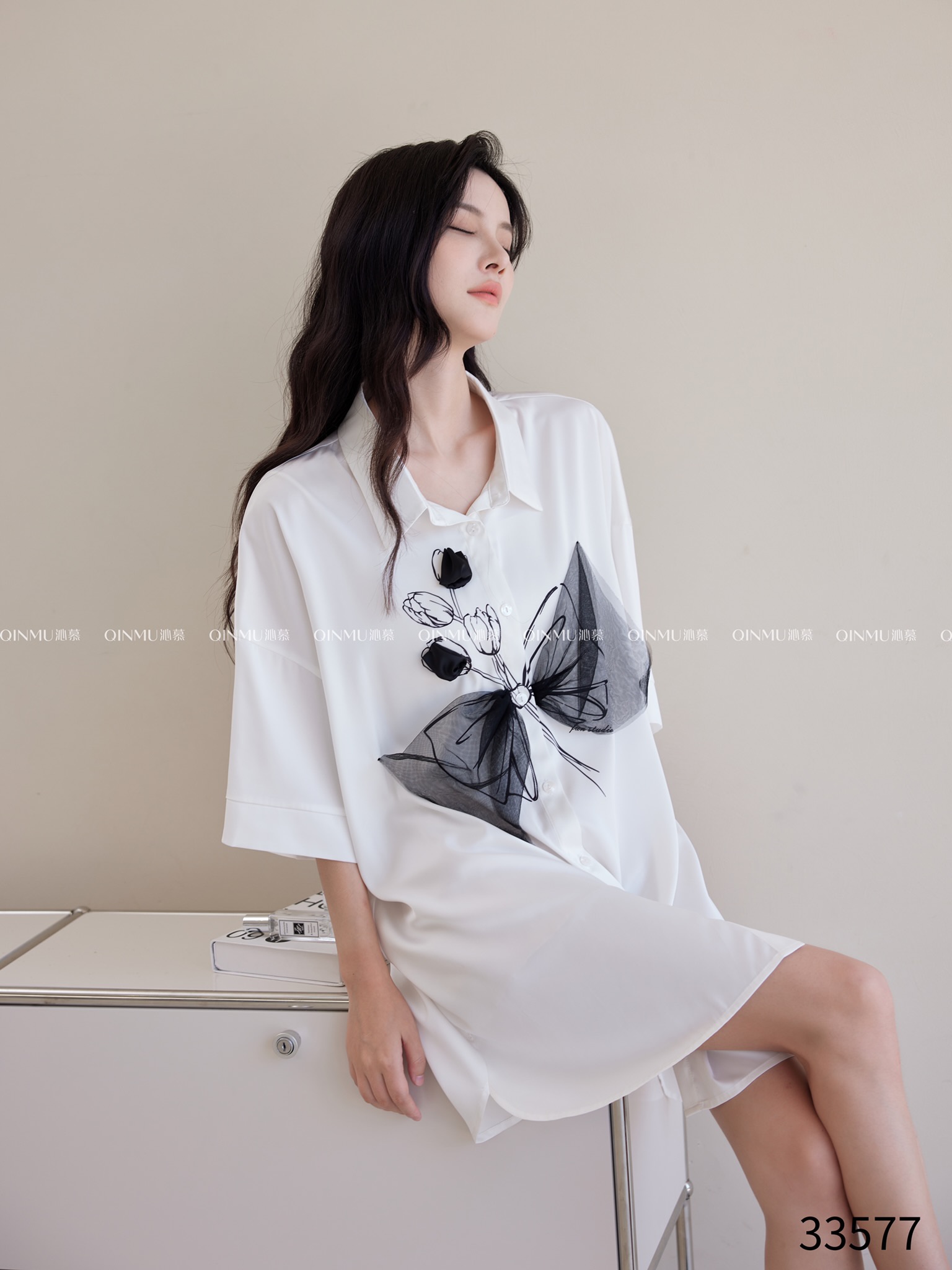 沁慕睡衣女士仿真丝冰雪丝丝绸纯欲风蝴蝶短袖衬衫睡裙性感家居服