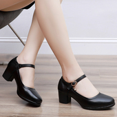 女圆头粗跟中跟妈妈鞋 椅子扣带秋季 跳舞鞋 真皮工作鞋 职业鞋 女黑色