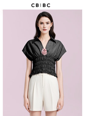 CBCB夏季新款高级提花面料松紧收腰POLO领黑色蝴蝶短袖上衣女