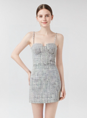 钟丽缇同款CBCB设计师品牌夏季经典灰白格纹小香风吊带连衣裙女