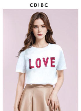 CBCB明星同款原创设计师品牌时尚白色丝光棉LOVE刺绣圆领T恤女
