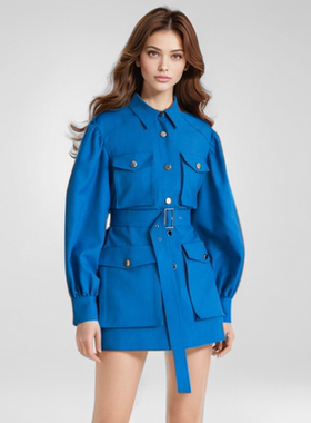 Christopher Bu女士宝蓝色多口袋工装夹克外套风衣早秋硫酸铜穿搭