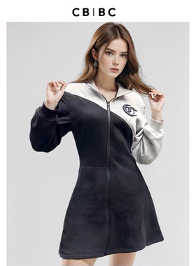 左岸潇冰冰同款CBCB黑灰拼接卫衣裙休闲运动风连帽拉链卫衣外套女