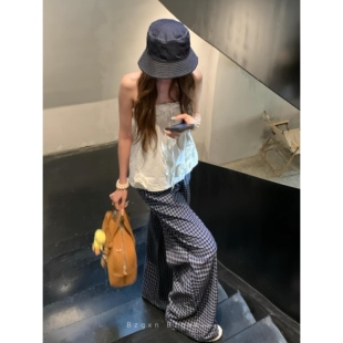 暴走高仙女超长慵懒风绑带松紧格子裤女夏直筒宽松阔腿休闲裤子