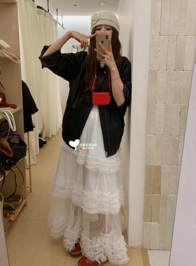 暴走高仙女秋季高个子白色重工蕾丝拼接网纱半身裙仙女百搭蛋糕裙