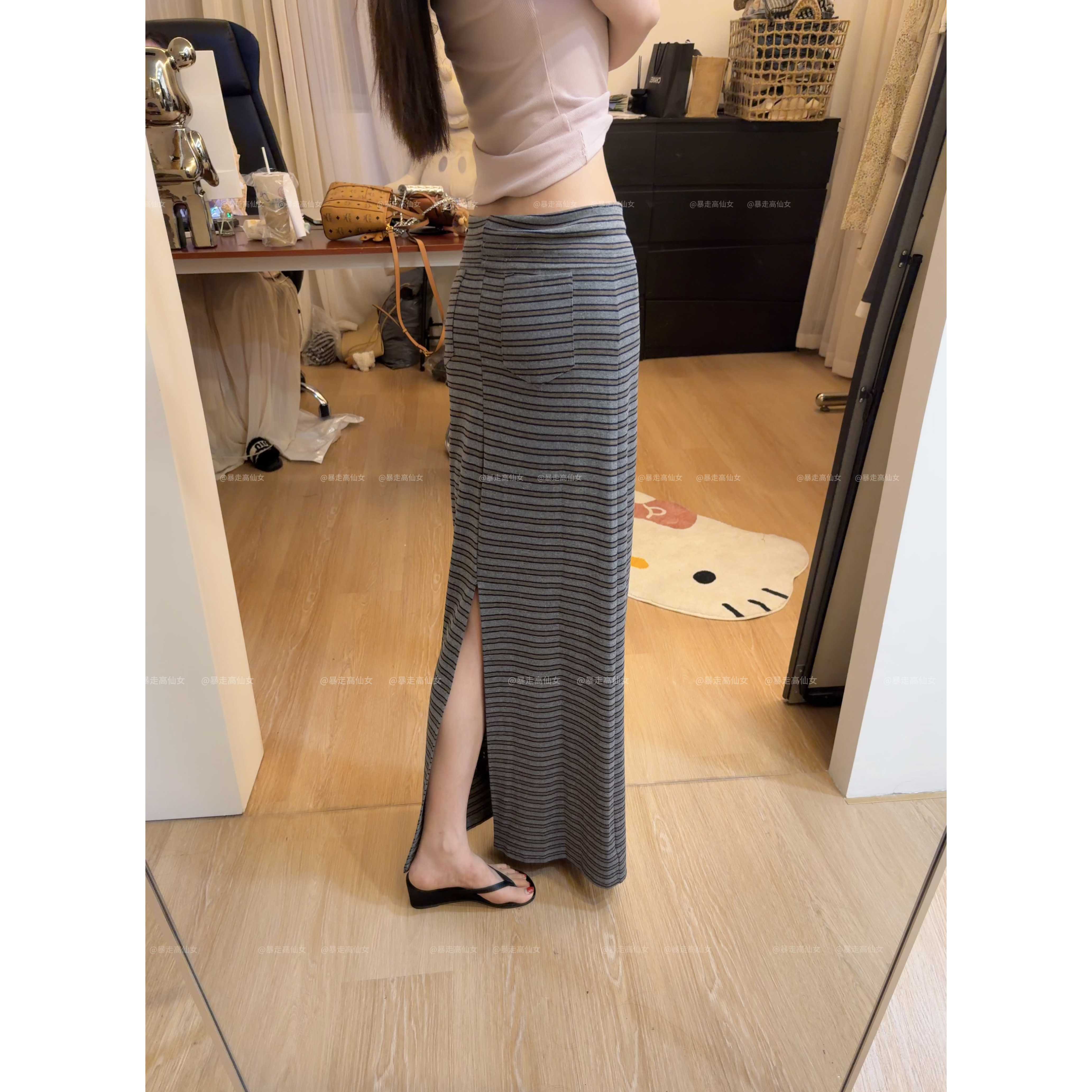 暴走高仙女175高个子慵懒风系带条纹半身裙女夏季加长版显瘦长裙