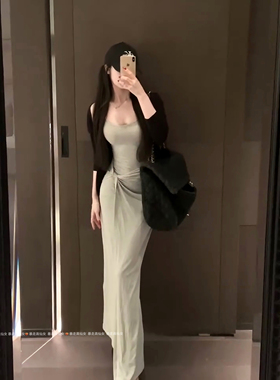 暴走高仙女175高个子发财宅女同款温柔扭结灰色裙子秋季开衫套装
