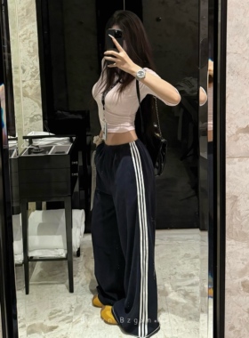 暴走高仙女藏蓝色运动阔腿裤女春季设计感宽松显瘦垂感拖地直筒裤