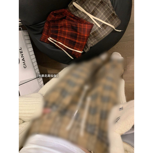 休闲杏色拖地休闲裤 慵懒宽松显瘦格纹阔腿裤 175高个子加长格子裤