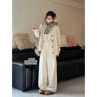 奶白色雪尼尔秋冬胯宽大粗腿女生裤子高个子显瘦加长直筒阔腿休闲