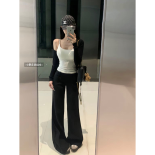 微喇直筒休闲拖地长裤 黑色宽松西装 子 女夏季 175高个子加长休闲裤