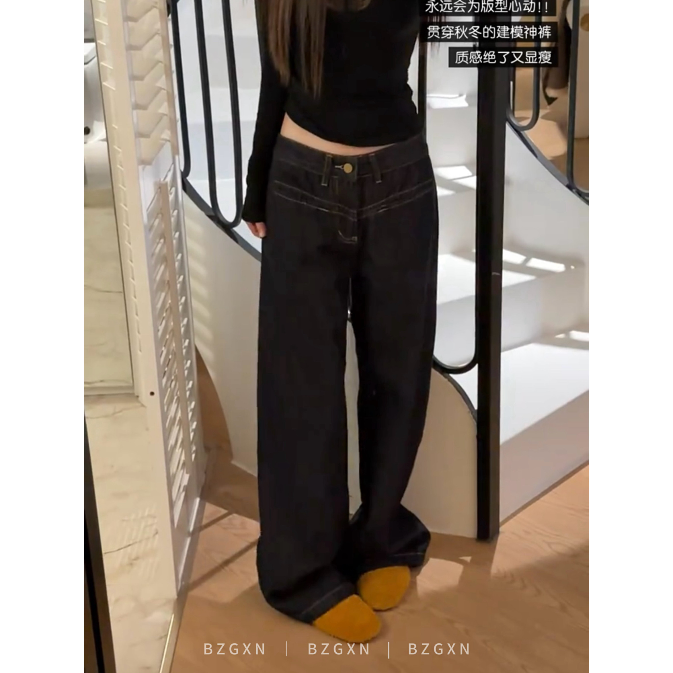 美式复古设计感阔腿宽松牛仔裤女图片