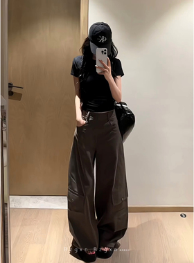 暴走高仙女175高个子超长绿色复古阔腿工装裤女春秋宽松弯刀裤子