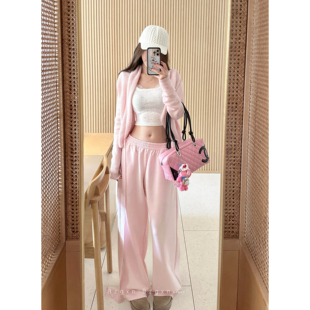 暴走高仙女175高个子粉紫色春夏新款 180加长高腰休闲阔腿拖地 卫裤