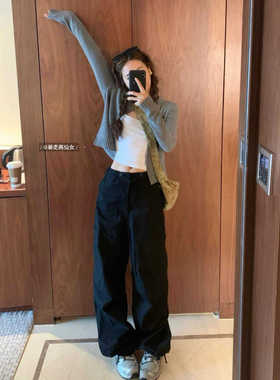 暴走高仙女春秋黑色降落伞美式工装裤女175高个子加长束脚直筒裤