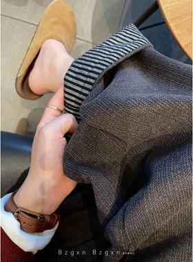 175高个子加长复古灰色显瘦休闲裤女秋冬宽松直筒内衬条纹长裤子