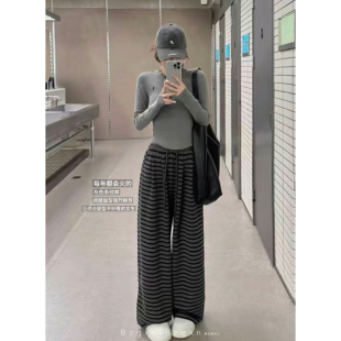 暴走高仙女175高个子条纹阔腿裤 女秋冬加长180宽松直筒休闲拖地裤