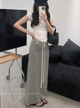 175高个子女生加长版灰色抽绳半身裙女夏季高腰显瘦垂感拖地长裙