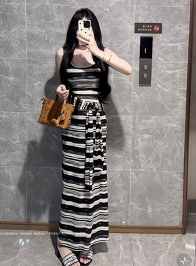 暴走高仙女175高个子超长条纹背心连衣裙女春秋设计感小众长裙子