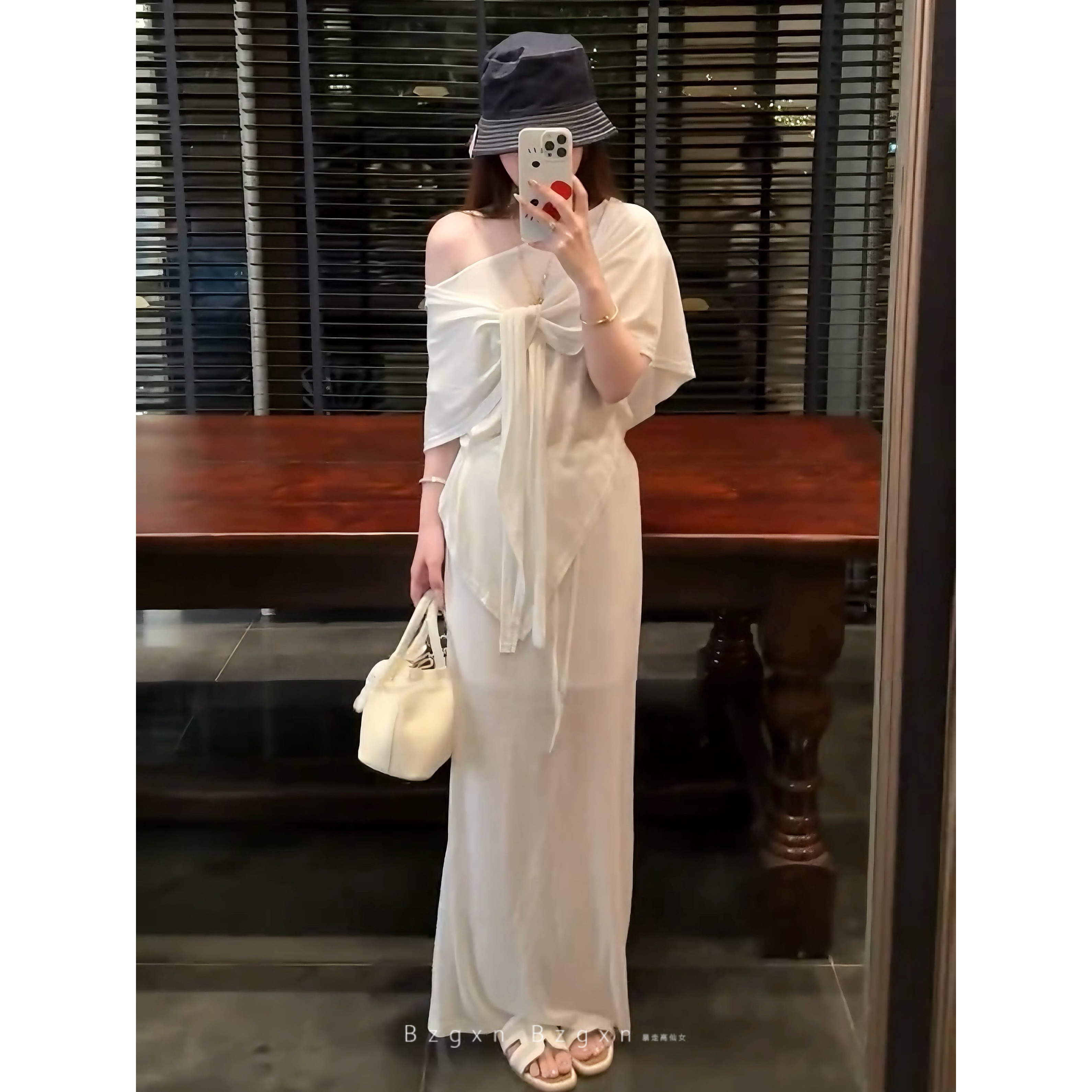 暴走高仙女春秋韩系一字肩绝美亚麻短袖上衣绝美披肩白色半身裙子