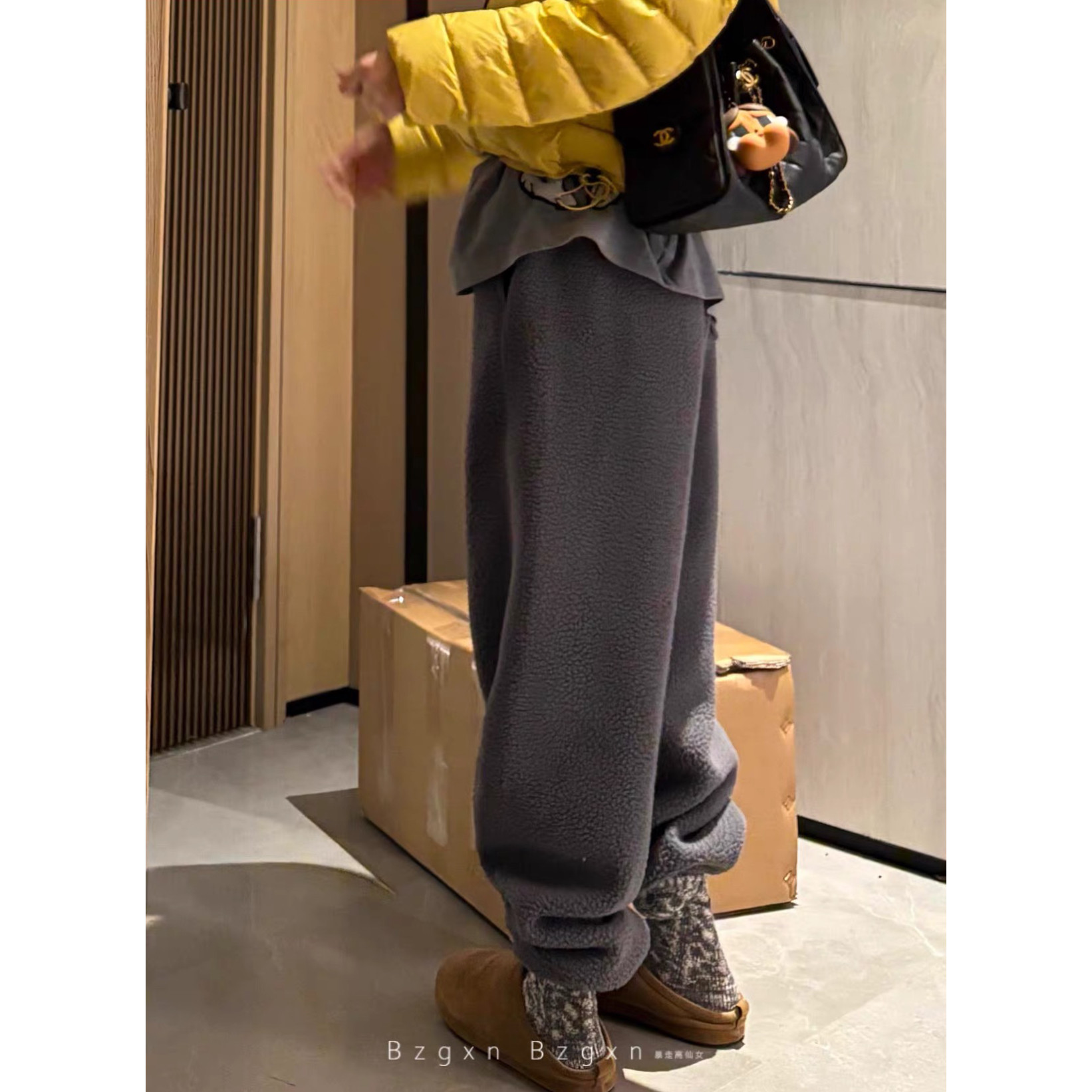 暴走高仙女高个子加长灰色摇粒绒束脚卫裤女秋冬加绒加厚休闲裤子