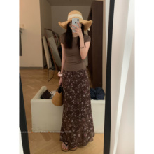 暴走高仙女175高个子超长碎花半身裙女夏季水墨画松紧拖地长裙子