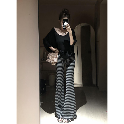 显瘦条纹微喇裤175加长高个子180