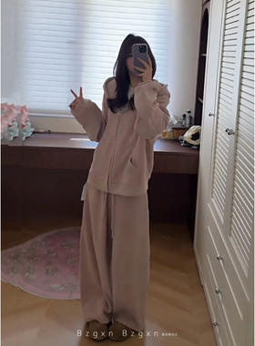 暴走高仙女175高个子加绒奥粒绒连帽卫衣外套加厚宽松阔腿裤套装