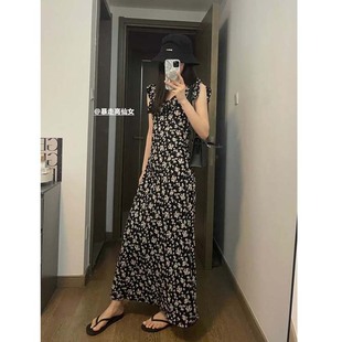 175高个子加长黑色碎花收腰连衣裙女到脚踝玫瑰岛荷叶边显瘦长裙