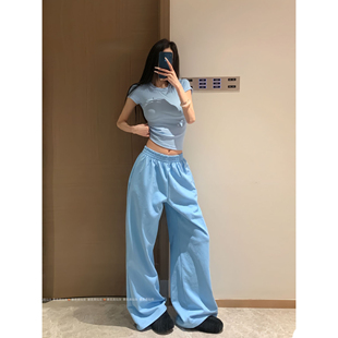 女松紧腰休闲拖地裤 暴走高仙女175高个子加长版 180身高糖果蓝卫裤