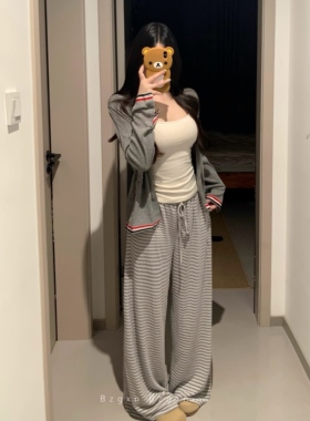 暴走高仙女显瘦灰色条纹阔腿休闲裤女早秋轻甜风软糯宽松拖地裤