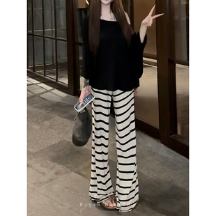 暴走高仙女超长条纹针织裤高腰直筒垂感阔腿裤慵懒风休闲拖地裤